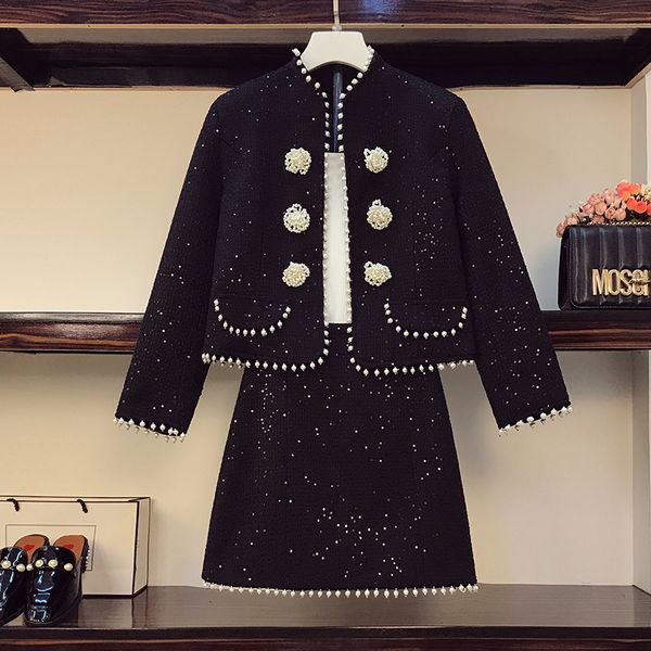 2021 new autumn winter tweed two women pearl sequin jacket coat + high waist skirt suits elegant chic ladies 2 piece set z3sl, Black;gray
2021 new autumn winter tweed two women pearl sequin jacket coat + high waist skirt suits elegant chic ladies 2 piece set z3sl, Black;gray