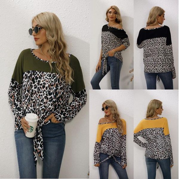 women bandage knot casual leopard splicing tee shirt women long sleeve t shirt, White
women bandage knot casual leopard splicing tee shirt women long sleeve t shirt, White