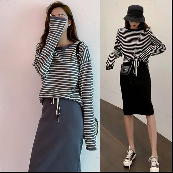 2021 autumn and winter new loose striped long sleeved sweater jacket skirt hip two piece female tide, Gray
2021 autumn and winter new loose striped long sleeved sweater jacket skirt hip two piece female tide, Gray