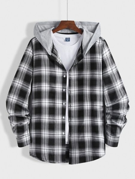 men plaid contrast hooded shirt without tee v6jq#, White;black
men plaid contrast hooded shirt without tee v6jq#, White;black