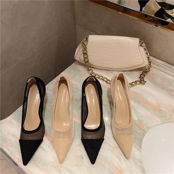 2021 foreign trade fashion new mesh pointy stitching high heel thin heel shallow shoes women, Black
2021 foreign trade fashion new mesh pointy stitching high heel thin heel shallow shoes women, Black