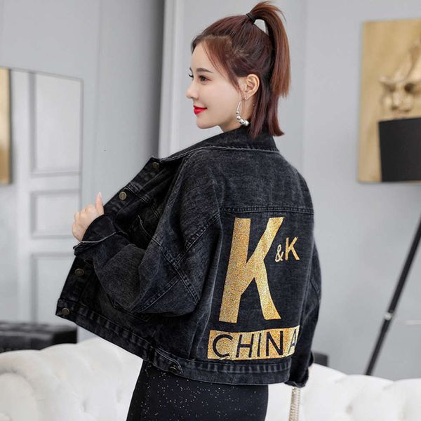 shiny letter black denim jacket women's short loose small work jacket spring and autumn style, Black;brown
shiny letter black denim jacket women's short loose small work jacket spring and autumn style, Black;brown