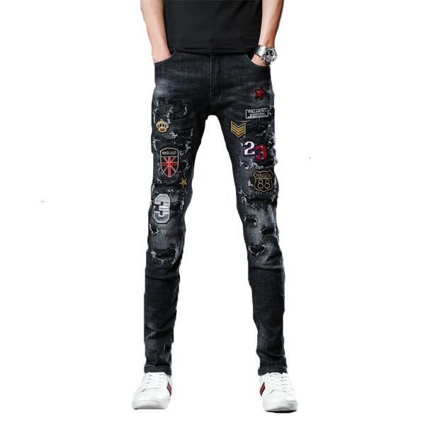 new men's male trousers trend multi-badge ripped jeans black fashion style scratched slim embroidery qn57, Blue
new men's male trousers trend multi-badge ripped jeans black fashion style scratched slim embroidery qn57, Blue