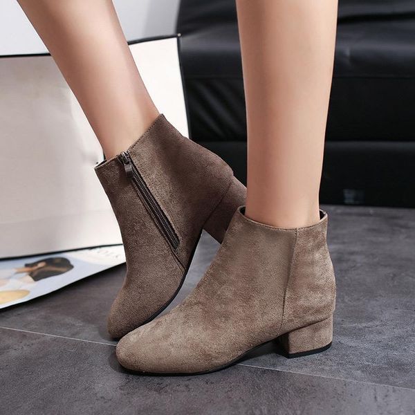 boots 2021 women ankle fashion zip flock round toe suede square heels shoes ladies casual comfort warm female footwear, Black