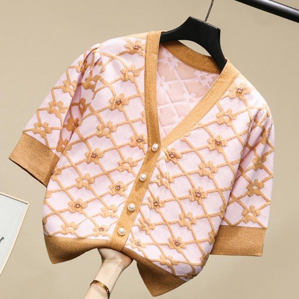 women's knits & tees summer plaid patchwork beading glitter pearl buttons up knitted sweater cardigan women fashion thin short sleeve v, White
women's knits & tees summer plaid patchwork beading glitter pearl buttons up knitted sweater cardigan women fashion thin short sleeve v, White
