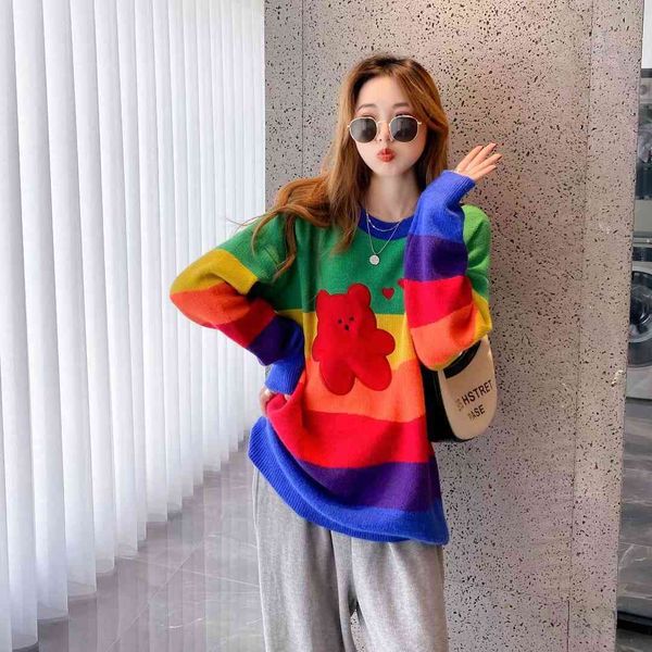 sweater knit loose lazy wind contrast color rainbow women's 2021 autumn and winter foreign style age reducing pullover ted top, White;black
sweater knit loose lazy wind contrast color rainbow women's 2021 autumn and winter foreign style age reducing pullover ted top, White;black