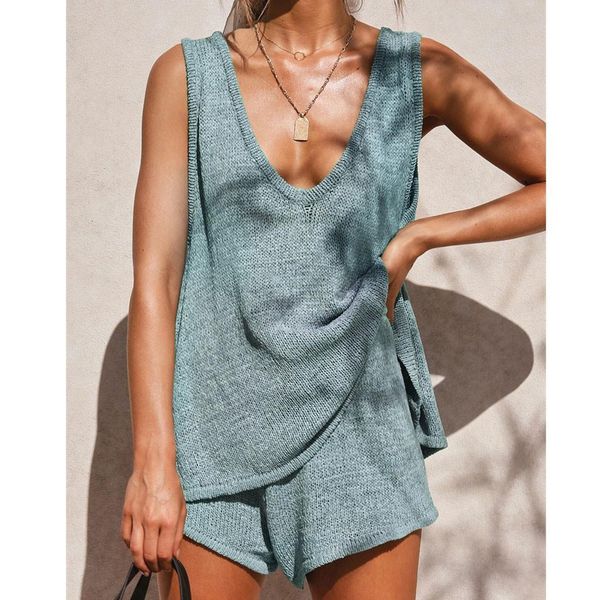 women knitting v neck vest tank suit summer two piece outfit shirt shorts sleeveless lace up 2 piece set women, Gray 
women knitting v neck vest tank suit summer two piece outfit shirt shorts sleeveless lace up 2 piece set women, Gray