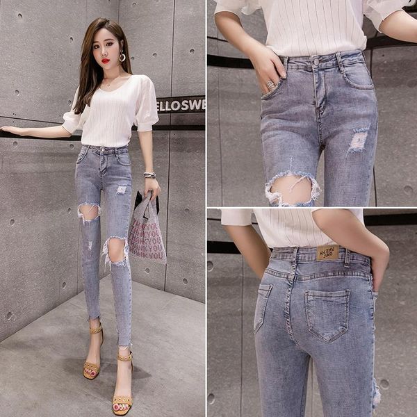 women's jeans pengpious fashion lady cotton elastic denim pencil pants with holes frayed hem high waist sell style, Blue
women's jeans pengpious fashion lady cotton elastic denim pencil pants with holes frayed hem high waist sell style, Blue