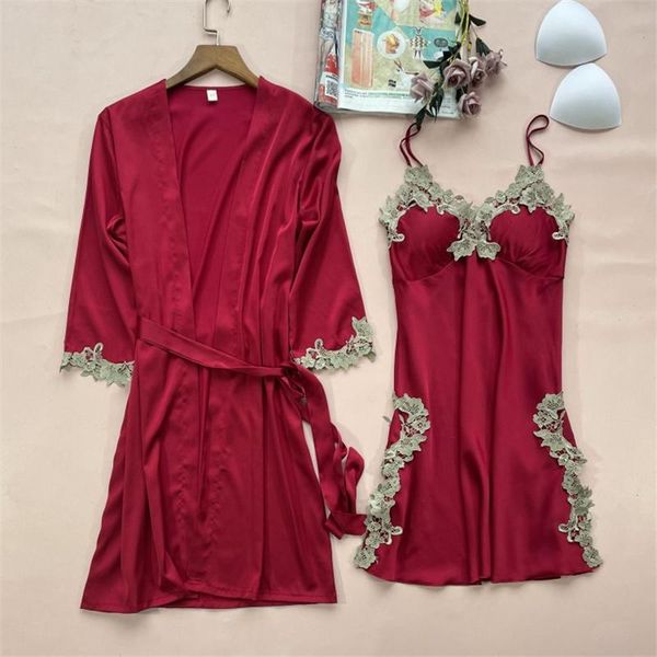 women's sleepwear pajamas set lady sleep suit wear home nighties women cami pijama 2pcs v-neck nightgown kimono robe gown, Black;red