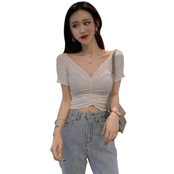women's t-shirt women ruched v neck short sleeve t shirt summer solid color knitted slim, White
women's t-shirt women ruched v neck short sleeve t shirt summer solid color knitted slim, White
