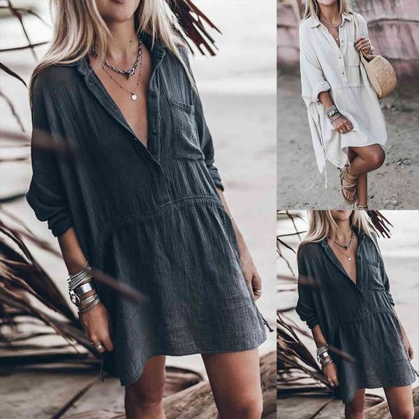 casual solid color long sleeve womens dress pocket buttons loose clothing vestidos, Black;gray
casual solid color long sleeve womens dress pocket buttons loose clothing vestidos, Black;gray