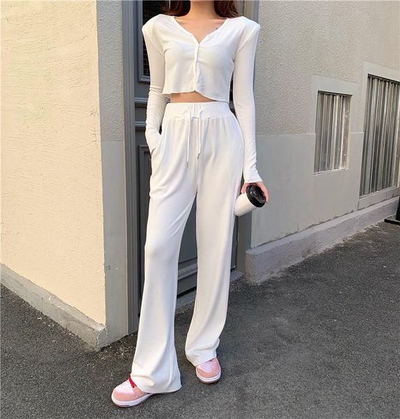 women's two piece pants solid white gray black suit set long sleeve button knit ribbed crop and drawstring pant jogger workout tracksui 
women's two piece pants solid white gray black suit set long sleeve button knit ribbed crop and drawstring pant jogger workout tracksui