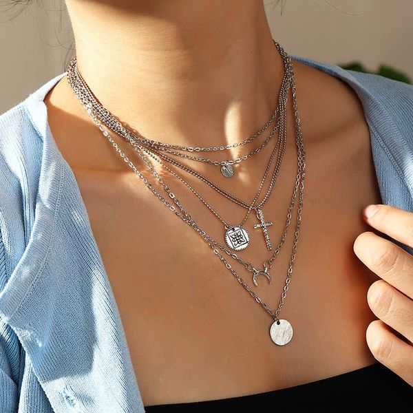 nz1934 jewelry hip hop long multi layer necklaces personalized cross disc moon necklace, Silver
nz1934 jewelry hip hop long multi layer necklaces personalized cross disc moon necklace, Silver