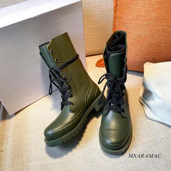 boots women's rainboots army green pvc motorcycle ladies' winter knight flat heel ankle long, Black