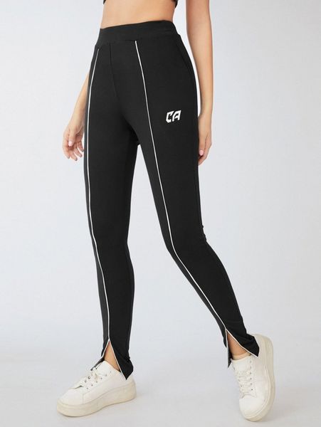letter graphic contrast binding split hem leggings 08fv#, Black