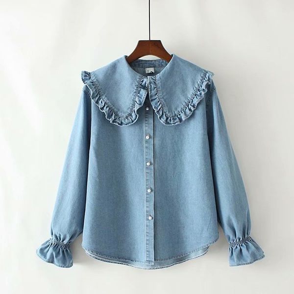 women blouse and autumn new style ruffled peter pan collar denim shirt women sweet korean long sleeve shirts 210302, White
women blouse and autumn new style ruffled peter pan collar denim shirt women sweet korean long sleeve shirts 210302, White