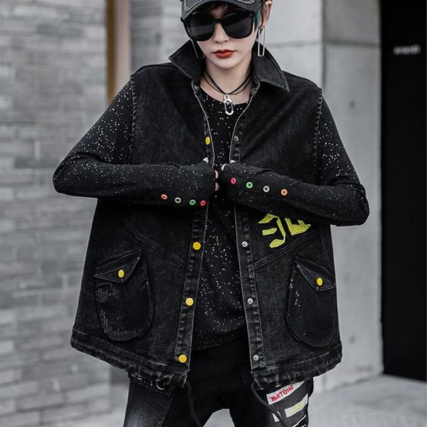 trendy denim jacket sleeveless women bombers drawstring korean harajuku cardigan jeans coat outerwear black streetwear cool chic women', Black;brown
trendy denim jacket sleeveless women bombers drawstring korean harajuku cardigan jeans coat outerwear black streetwear cool chic women', Black;brown