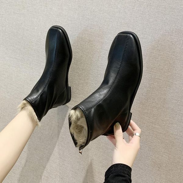 boots fashion winter women's high keep warm leather women shoes ladies square toe plush flat low heel slip on ankle, Black 
boots fashion winter women's high keep warm leather women shoes ladies square toe plush flat low heel slip on ankle, Black