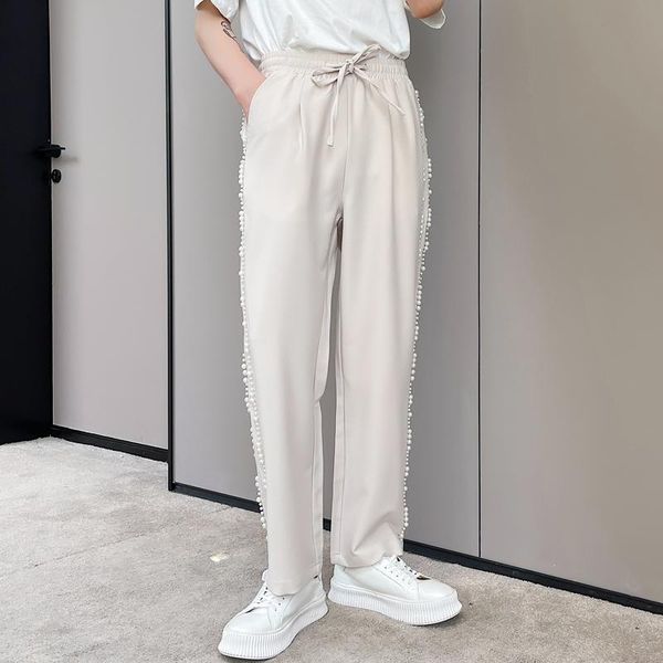 men's pants summer 2021 fashion streetwear casual male korean version of pearl decoration elastic waist straight wide leg, Black
men's pants summer 2021 fashion streetwear casual male korean version of pearl decoration elastic waist straight wide leg, Black