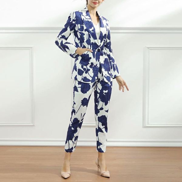 women's two piece pants designer 2021 autumn blue print sets fashion long-sleeved lapel suit jacket casual trousers elegant chic, White
women's two piece pants designer 2021 autumn blue print sets fashion long-sleeved lapel suit jacket casual trousers elegant chic, White