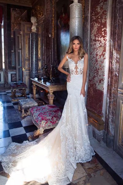 designer 2021 milla nova lace mermaid wedding dresses sheer appliques backless sweep train bridal gowns formal robe de soriee custom made, White
designer 2021 milla nova lace mermaid wedding dresses sheer appliques backless sweep train bridal gowns formal robe de soriee custom made, White
