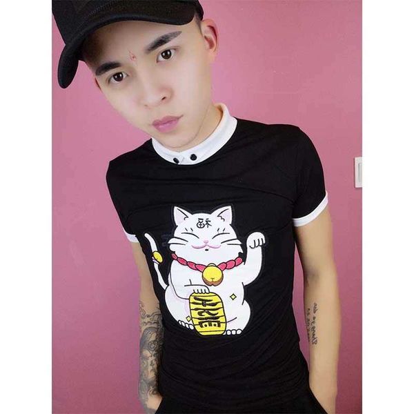 w0520 new short sleeve t-blood men's trend embroidery zhaocai cat round neck half sleeve bottom shirt, White;black
w0520 new short sleeve t-blood men's trend embroidery zhaocai cat round neck half sleeve bottom shirt, White;black