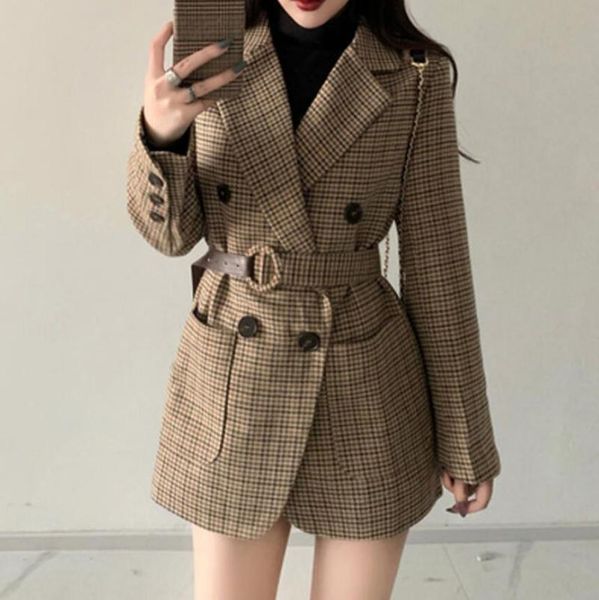 women's suits & blazers korean plaid women work blazer jacket fashion double-breasted sashes suit female slim outwear s763, White;black
women's suits & blazers korean plaid women work blazer jacket fashion double-breasted sashes suit female slim outwear s763, White;black