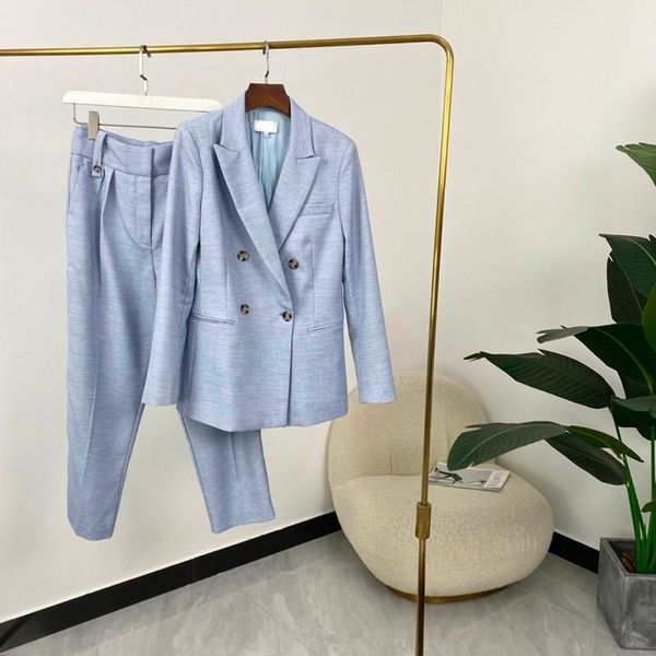 women's two piece pants set women 2021 autumn ol style elegant light blue wool blend blazers and, White
women's two piece pants set women 2021 autumn ol style elegant light blue wool blend blazers and, White