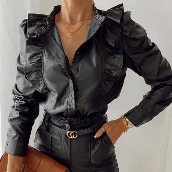 women's blouses & shirts autumn women black pu leather ruffle formal capable able female lapel long sleeve buttoned blouse 2021, White
women's blouses & shirts autumn women black pu leather ruffle formal capable able female lapel long sleeve buttoned blouse 2021, White