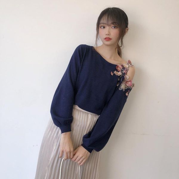 women's sweaters neploe shoulder strapless knit women heavy 3d flower embroidery pullovers japan style sweet elegant coat, White;black
women's sweaters neploe shoulder strapless knit women heavy 3d flower embroidery pullovers japan style sweet elegant coat, White;black