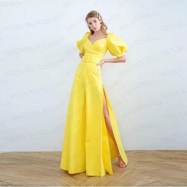 women's jumpsuits & rompers 2021 latest yellow blue orange fashion puff sleeve sashes v neck high side slit wide legs party women jumps, Black;white
women's jumpsuits & rompers 2021 latest yellow blue orange fashion puff sleeve sashes v neck high side slit wide legs party women jumps, Black;white