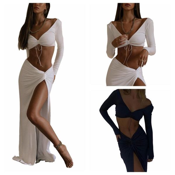 women's swimwear hirigin fashion 2 pcs women solid color outfits adults ruched v-neck long sleeve crop with drawstring slit skirt for, White;black
women's swimwear hirigin fashion 2 pcs women solid color outfits adults ruched v-neck long sleeve crop with drawstring slit skirt for, White;black