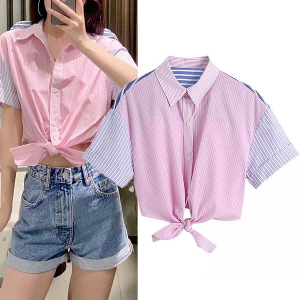 women's blouses & shirts summer women casual shirt fashion striped stitching half sleeve clothing single-breasted female, White
women's blouses & shirts summer women casual shirt fashion striped stitching half sleeve clothing single-breasted female, White