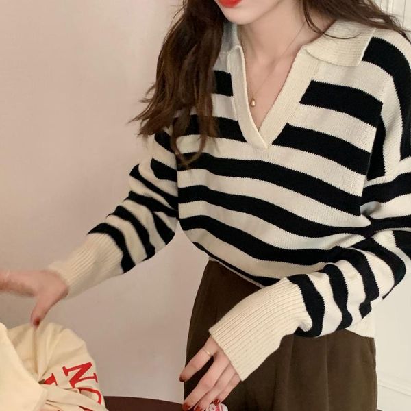 women's sweaters chic lapel striped women basic pulover sweater autumn winter long sleeve knitted female casual jumper, White;black
women's sweaters chic lapel striped women basic pulover sweater autumn winter long sleeve knitted female casual jumper, White;black