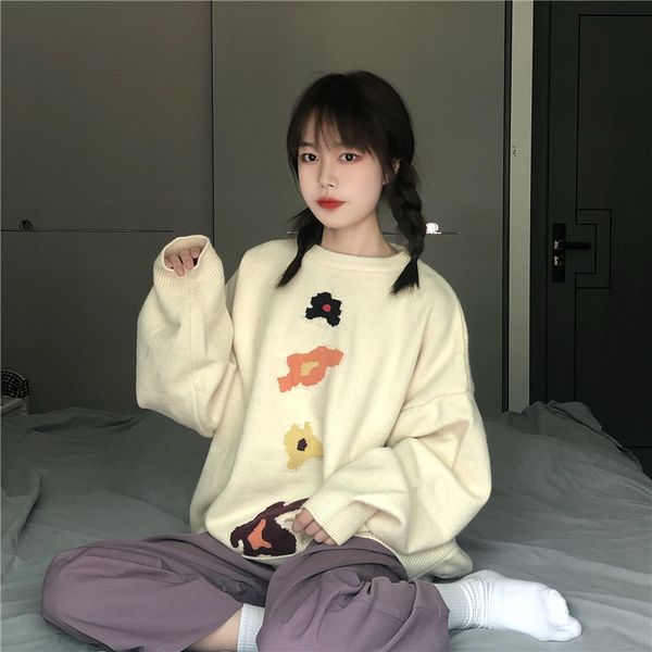 2021 autumn college style new loose flower round neck pullover long sleeve contrast sweater psuw, White;black
2021 autumn college style new loose flower round neck pullover long sleeve contrast sweater psuw, White;black