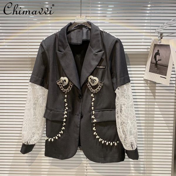 women's suits & blazers back hollowed heart shape chain lace stitching gray blazer women long sleeves beaded business suit coat for lad, White;black
women's suits & blazers back hollowed heart shape chain lace stitching gray blazer women long sleeves beaded business suit coat for lad, White;black