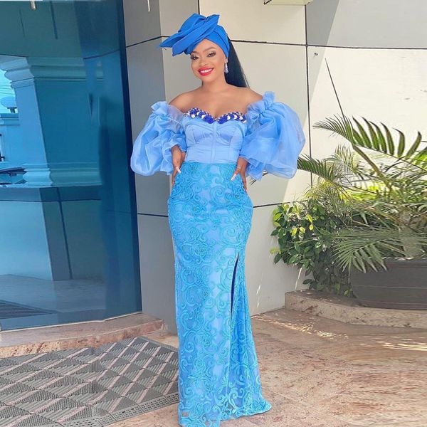 light blue off shoulder lace mermaid prom dresses aso ebi style puffy sleeves evening gowns south african formal party, Black
light blue off shoulder lace mermaid prom dresses aso ebi style puffy sleeves evening gowns south african formal party, Black