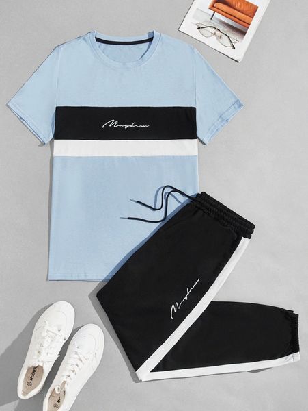 men letter graphic colorblock tee and sweatpants set l8tt#, Gray 
men letter graphic colorblock tee and sweatpants set l8tt#, Gray