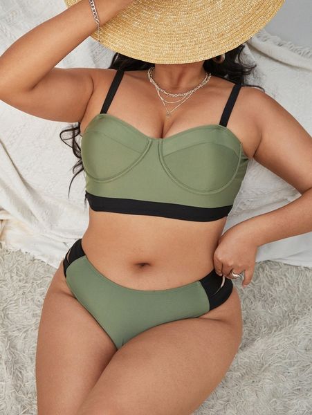 plus contrast binding cut-out push up bikini swimsuit b1gw#, Black