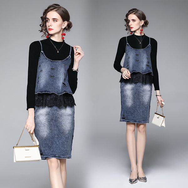 three piece set women's 2021 fashion autumn knitted sweater + stitched lace hole sling slim skirt, Black;gray
three piece set women's 2021 fashion autumn knitted sweater + stitched lace hole sling slim skirt, Black;gray