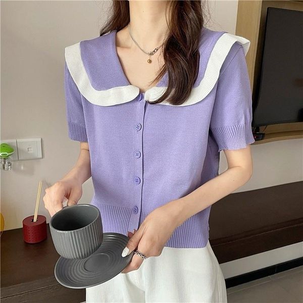 women's t-shirt doll collar girlish style college age-reducing sweet knitted sweater short-sleeved shirt student buckle short cardigan, White
women's t-shirt doll collar girlish style college age-reducing sweet knitted sweater short-sleeved shirt student buckle short cardigan, White