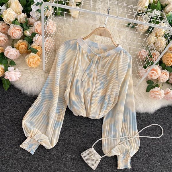 women's blouses & shirts yellow/pink/beige dye tie pleated chiffon blouse women autumn 2021 casual draped shirt female puff long sleeve, White 
women's blouses & shirts yellow/pink/beige dye tie pleated chiffon blouse women autumn 2021 casual draped shirt female puff long sleeve, White