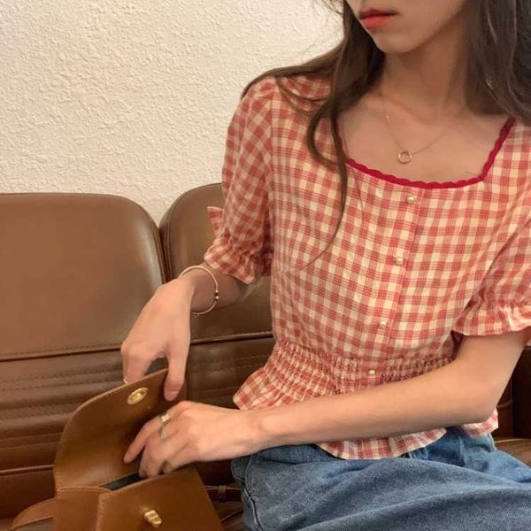 picnics girl plaid shirt women's summer short sleeve square neck blouse temperament waist drs 2021, Black;gray
picnics girl plaid shirt women's summer short sleeve square neck blouse temperament waist drs 2021, Black;gray