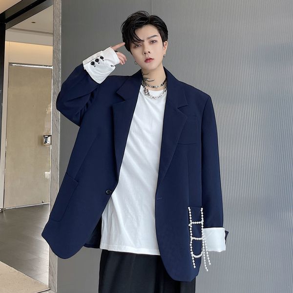 2021 autumn new cuffed pearl decoration men's suit coat mid length blue single button blazer chic 9y9684, White;black
2021 autumn new cuffed pearl decoration men's suit coat mid length blue single button blazer chic 9y9684, White;black