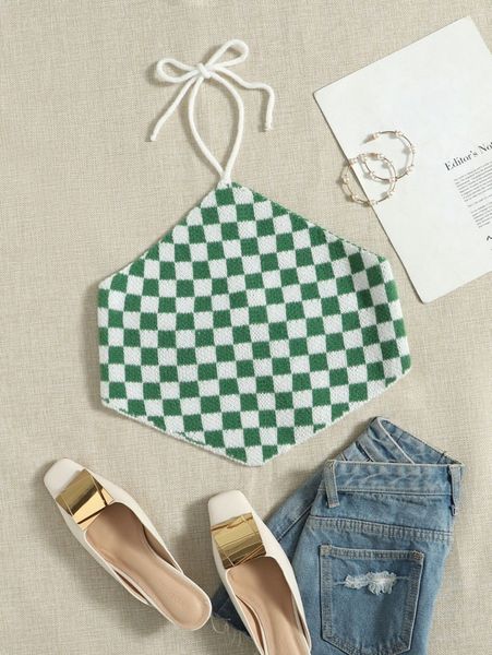self tie backless checked pattern knit o2ps#, White