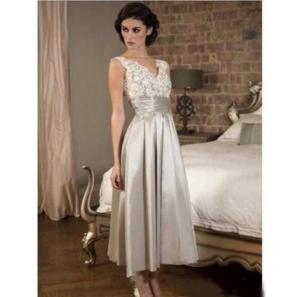 party dresses vintage mother of the bride lace and satin v neck tea length formal evening gowns, White;black
party dresses vintage mother of the bride lace and satin v neck tea length formal evening gowns, White;black