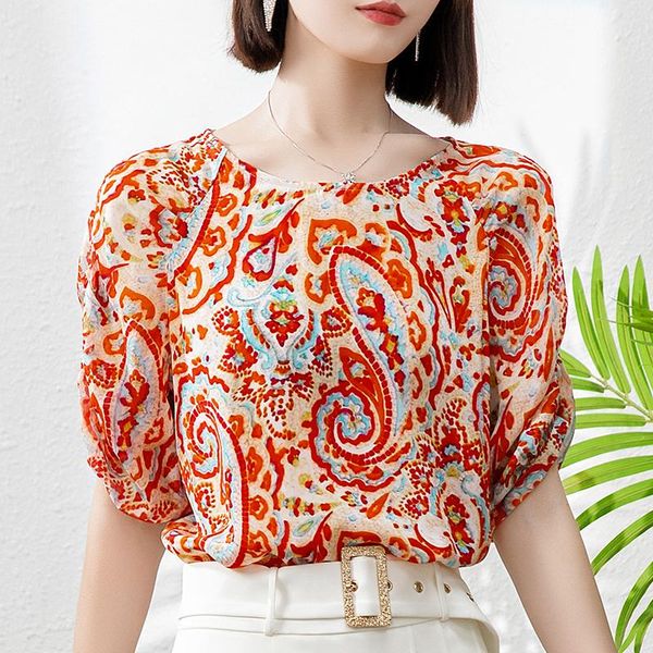women's blouses & shirts 100% pure real silk women casual shirt summer elegant o-neck shirring half sleeve loose lady vintage print bl, White
women's blouses & shirts 100% pure real silk women casual shirt summer elegant o-neck shirring half sleeve loose lady vintage print bl, White