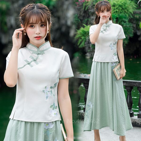 2021 new chinese set for women girl cheongsams shirt skirt blue green traditional embroidery fit cotton linen festival clothes n53x, Gray
2021 new chinese set for women girl cheongsams shirt skirt blue green traditional embroidery fit cotton linen festival clothes n53x, Gray