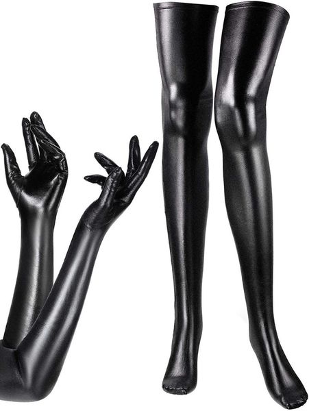 elbow & knee pads women's costume set elastic spandex shiny wet long gloves and look thigh high stockings, Black;gray
elbow & knee pads women's costume set elastic spandex shiny wet long gloves and look thigh high stockings, Black;gray