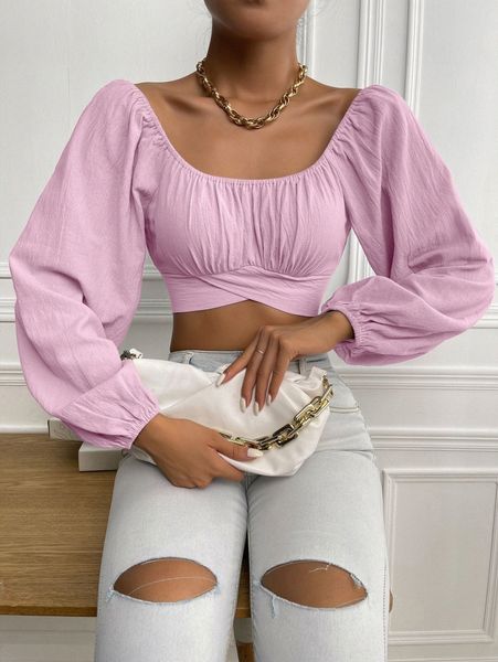 ruched knot back crop blouse c8jl#, White
ruched knot back crop blouse c8jl#, White